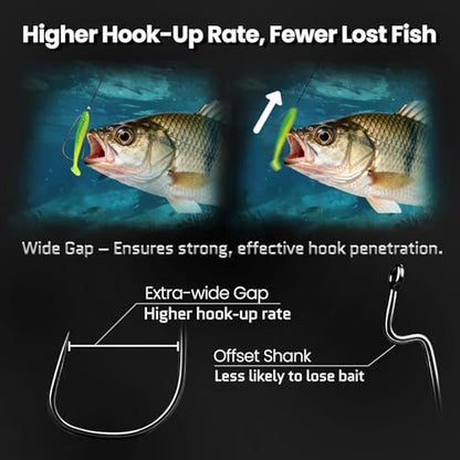 FishTrip 25/50pcs EWG Fishing Hooks for Bass Fishing, Extra Wide Gap Offset Worm Hooks Texas Rig Fish Hooks for Bass Trout Freshwater Saltwater (#10–8/0) - size: 8/0_25pcs