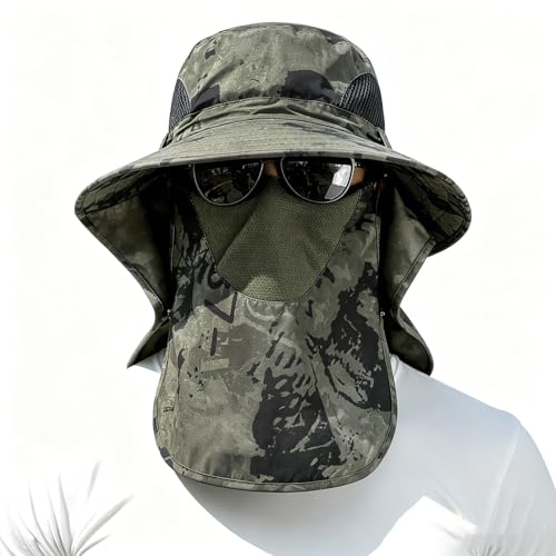 ALANDUO Wide Brim XXL Sun Hats for Men Big Head, UPF 50+ Fishing Sun Hat with Neck Face Flap, Safari Boonie Hat for Men Women - color: Ink Army Green