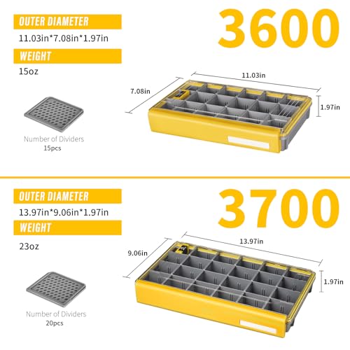 Waterproof Anti-Corrosion Tackle Box One Hand Latch 3600 and 3700 Organizer with Removable Dividers Lure Box and Terminal Tackle Trays Fishing Storage Yellow (3600) - size: 3600