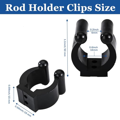 Rubber Fishing Rod Holder Clips, 20 Pack Black 16mm Inner Diameter Adjustable Pole Clips, Saltwater Resistant Fishing Accessories for Boat, Kayak, Dock, Railing & Garage Storage