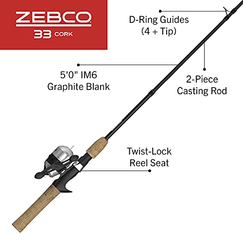Zebco 33 Cork Reel and Fishing Rod Combo, Graphite Rod with Cork Handle, QuickSet Anti-Reverse Fishing Reel with Bite Alert - style: 5 Foot - Micro Spincast