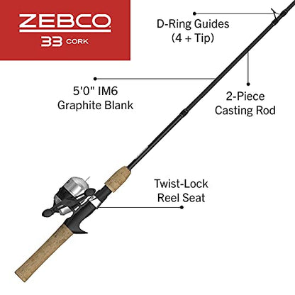Zebco 33 Cork Reel and Fishing Rod Combo, Graphite Rod with Cork Handle, QuickSet Anti-Reverse Fishing Reel with Bite Alert - style: 5 Foot - Micro Spincast