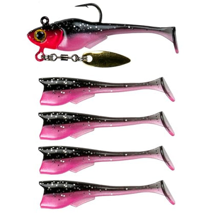 6th Sense – Pecos Underspin Crappie Fishing Lure Kit with 1/8 oz Jig Head and 2 in Swimbaits - color: Black Rose, style: Willow Blade