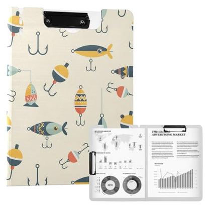 A4 Foldable Clipboard Folder with Double Clips Metal Clip, Pen Holder, 360 Degree Foldable Storage Clipboards Fishing Lures Hooks Fish Binder File Folder for Office,Nursing,Work,