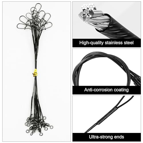 DONQL 50pcs Fishing Leaders, Stainless Steel Fish Line, 10/15/20/25/30cm Wire with Swivels Snaps Connect Fishing Gear and Equipment Tackle Kit, for Bait Lures Rigs Hooks - color: Black