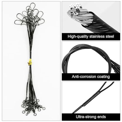 DONQL 50pcs Fishing Leaders, Stainless Steel Fish Line, 10/15/20/25/30cm Wire with Swivels Snaps Connect Fishing Gear and Equipment Tackle Kit, for Bait Lures Rigs Hooks - color: Black