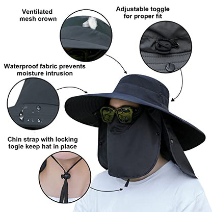 Women Wide Brim Face Mask Sun Hat Detachable Neck Face Flap Ponytail UV Protection Visor Hat Garden Fishing Hiking - color: Hyp008-black