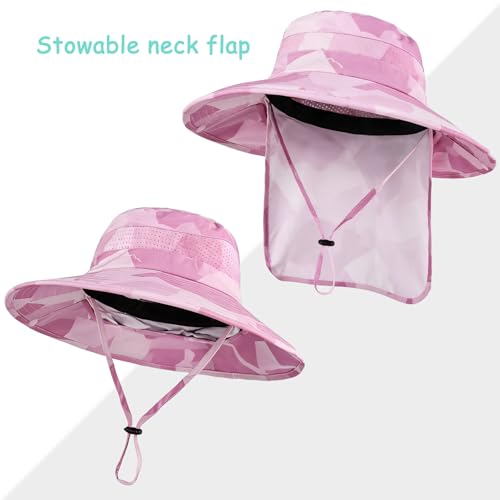 Sun Hats for Men Women, UPF50+ Protection Safari Hat,Wide Brim Fishing Hat with Neck Flap,Bucket Hats for Beach Hiking - color: Camopink