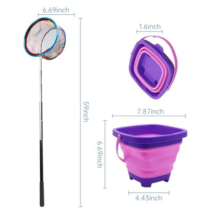 2PCS Fishing Net with Bucket, Telescopic Fishing Landing Net, Collapsible Youth Sand Bucket, Youth Fish Butterfly Catching for Freshwater Saltwater Outdoor Activities - color: Blue + Purple