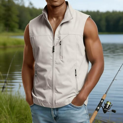 Mens Golf Vest Waterproof Fishing Shirt Zip Up Sleeveless Jacket with Pockets Outdoor Camping Hiking Shirts Travel Photo Vest - color: A02 Beige, size: Small