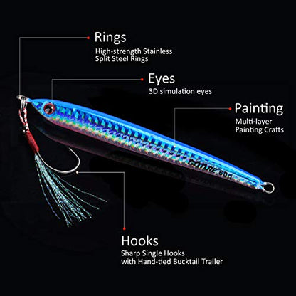 Goture Fishing Jigs Saltwater 60g-200g with Assist Hook, Glow Vertical Jigs, Speed Fast Lead Jig Sea Fishing Jigging Spoon Lures for Tuna, Salmon, Sailfish, Striped bass, Grouper Snapper, Kingfish - color: M1:4PCS Multi Colors Jigs with Cardboard Tube, si