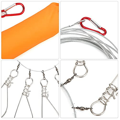 Fish Stringer with 5 Stainless Steel Locking Movable Buckle and Stainless Steel Ropes Fishing Lock Cable Accessory