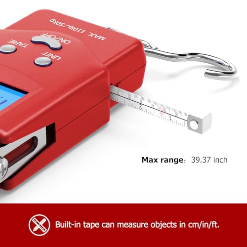 Dr.meter Fish Scale Luggage Scale Fishing Gear - 110lb Backlit LCD Display Digital Scale with Built-in Measuring Tape - Fishing Scale with 2 AAA Batteries, Pocket Size - Fishing Gifts for Men - color: Red