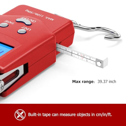 Dr.meter Fish Scale Luggage Scale Fishing Gear - 110lb Backlit LCD Display Digital Scale with Built-in Measuring Tape - Fishing Scale with 2 AAA Batteries, Pocket Size - Fishing Gifts for Men - color: Red