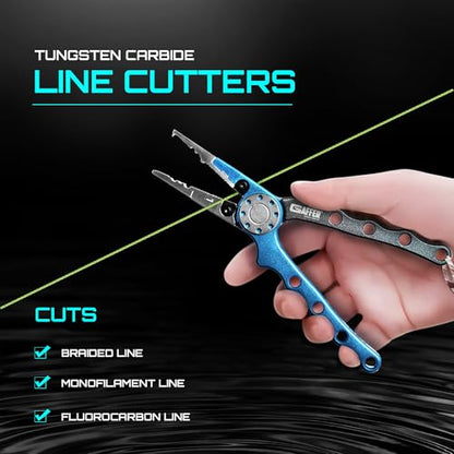 Gaffer Sportfishing Aluminum Fishing Pliers - Stainless Steel Titanium-Coated Jaws, Braided Line Cutters & Split Ring Tip - Non-Slip Grip, Nylon Sheath & Lanyard for Saltwater or Freshwater Use
