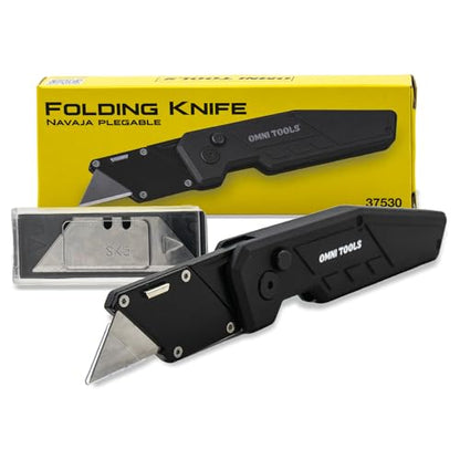 Heavy Duty Folding Utility Knife with 5 Replacement Blades, Quick Change Razor Box Cutter, Ergonomic Handle, Portable Pocket Cutter for Cardboard, Drywall, Plastic, Rope, Carpet and DIY Projects - color: Mat Black