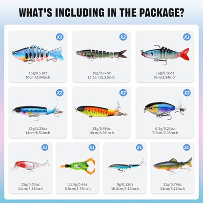 TSKS Fishing Artificial Lures Kit Mixed Including Front Diving Fin Minnow Surface Popper Crank Baits Pencil VIB with Hook and Soft Lures Accessories for Saltwater Freshwater Trout Bass Tackle Gift Set - color: 15pcs