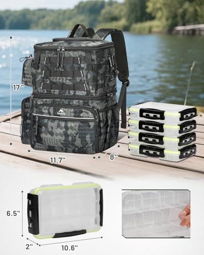 MATEIN Fishing Backpack with 4 Tackle Boxes, Fishing Bag with Rod Holder | 3600 Tackle Box 4 Pack, Water Resistant Tackle Backpack with Cooler Compartment, Safety Compass, Gifts for Fishermen - color: Camouflage
