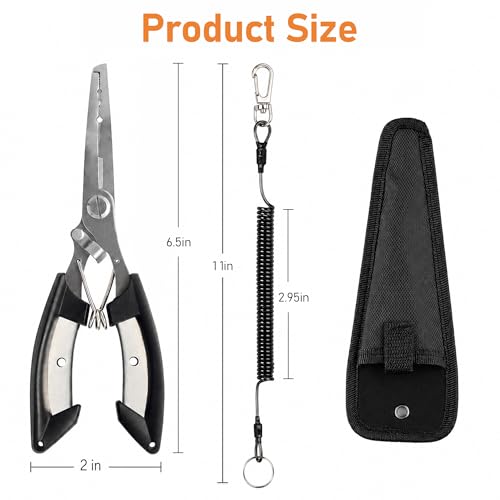6.5 Inch Long Black Fish Pliers, Lockable Stainless Steel Fishing Tool with Lanyard, Durable Fishing Pliers with Line Cutter for Saltwater & Freshwater Hook Remover