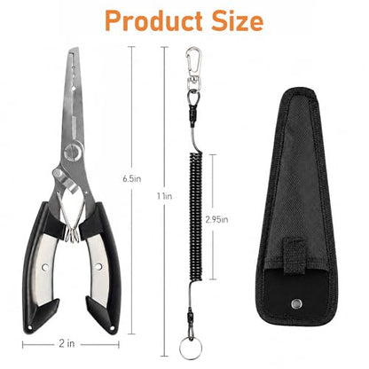 6.5 Inch Long Black Fish Pliers, Lockable Stainless Steel Fishing Tool with Lanyard, Durable Fishing Pliers with Line Cutter for Saltwater & Freshwater Hook Remover