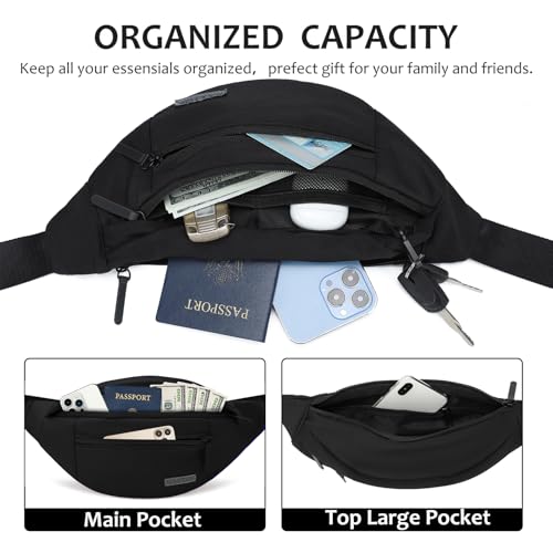 MAXTOP Large Crossbody Fanny Pack Waist Pack with 4-Zipper Pockets Hiking Travel Essentials for Women Men Belt Bag, for Hiking Running Travel Cycling,Black - color: Black