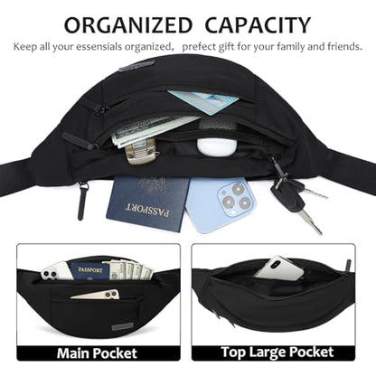 MAXTOP Large Crossbody Fanny Pack Waist Pack with 4-Zipper Pockets Hiking Travel Essentials for Women Men Belt Bag, for Hiking Running Travel Cycling,Black - color: Black