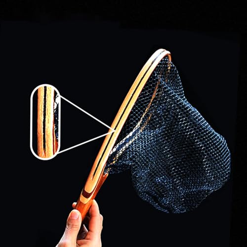 Fishing Landing Net Wooden Handle Black Mesh Catch-Release | Trout Net for Fishpond Bass Fishing