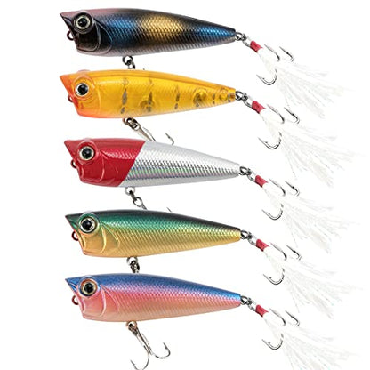 Alwonder 5-Pack Fishing Popper Lure, Fishing Top Water Lures Bass Lures Feathered Treble Hooks Rooster Tail Lure Plugs Hard Baits