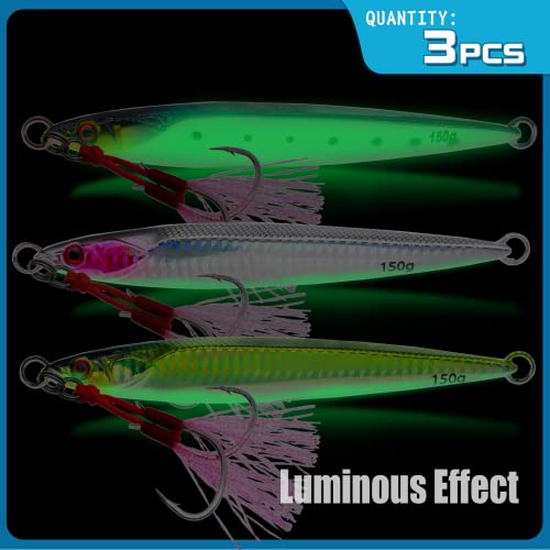 3pcs Saltwater Vertical Fishing Jigs Metal Jigging Spoon | Speed Fast Deep Sea Jigging Fishing Lures Luminous Lead Jigs with Assist Hooksfor Tuna Bass Dogtooth Grouper(5.29oz/5.64oz) - color: B-speed fast sinking fishing jigs 5.29oz