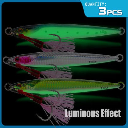 3pcs Saltwater Vertical Fishing Jigs Metal Jigging Spoon | Speed Fast Deep Sea Jigging Fishing Lures Luminous Lead Jigs with Assist Hooksfor Tuna Bass Dogtooth Grouper(5.29oz/5.64oz) - color: B-speed fast sinking fishing jigs 5.29oz