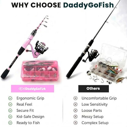 DaddyGoFish Spinning Fishing Rod and Reel Combo Set with Tackle Box | Kids Fishing Pole | Carbon Fiber Telescopic Fishing Rod Kit | Spinning Reel for Travel Saltwater Freshwater Fishing Gear Kit - color: Pink