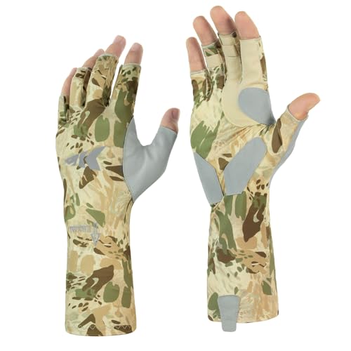 KastKing Agies Fishing Gloves Men, UPF 50+ Sun Gloves UV Protection, Cooling Quick-Dry 3/4 Fingerless Gloves with Extended Cuff, Microfiber Palm & Pull Tabs, for Fishing, Kayaking, Hiking, Hunting - color: X Camo-Multi Purpose, size: Large-X-Large