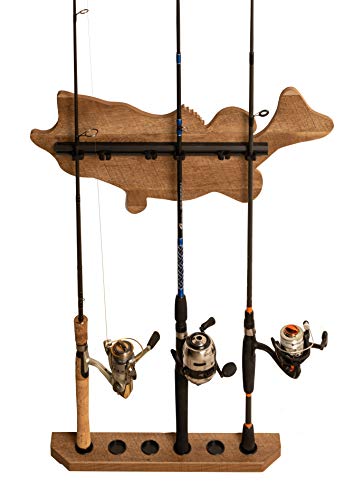 Old Cedar Outfitters Fish-Shaped, Vertical Wall Rod Rack for Fishing Rod Storage - color: Distressed,ArchedBass