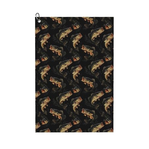 Vintage Bass Fish Print Golf Towel, Microfiber Golf Towels for Bags with Carabiner Clip 16 x 24 inches, Men Womens Golfs Accessories