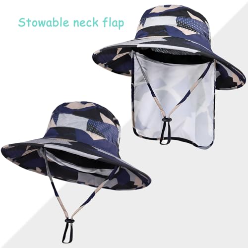 Sun Hats for Men Women, UPF50+ Protection Safari Hat,Wide Brim Fishing Hat with Neck Flap,Bucket Hats for Beach Hiking - color: Camobeige