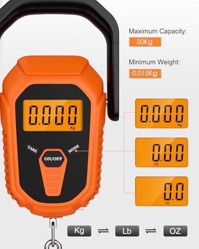 Digital Fishing Scale with Lip Gripper & Tape Measure, 110lb/50kg Waterproof Fish Weight Scale with LCD Display, Hanging Fish Weigher for Bass Fishing & Boat, Perfect Fishing Gifts for Men - color: Orange