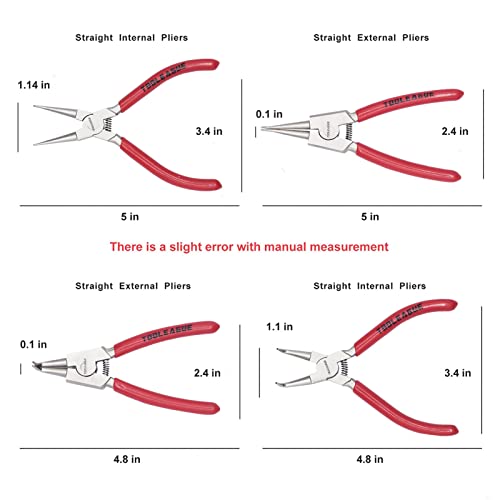TOOLEAGUE 4 Pcs Mini Snap Ring Pliers Set, Circlip Pliers, 5 inches Internal/External Heavy Duty for Ring Remover Retaining Straight Bent Lock Ring Pliers Set - size: 5 inches (Bent/Straight, Internal/External, 4Pcs)