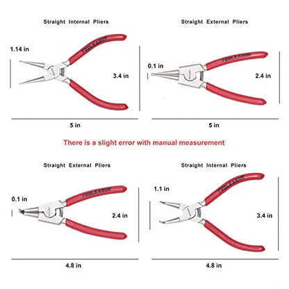 TOOLEAGUE 4 Pcs Mini Snap Ring Pliers Set, Circlip Pliers, 5 inches Internal/External Heavy Duty for Ring Remover Retaining Straight Bent Lock Ring Pliers Set - size: 5 inches (Bent/Straight, Internal/External, 4Pcs)