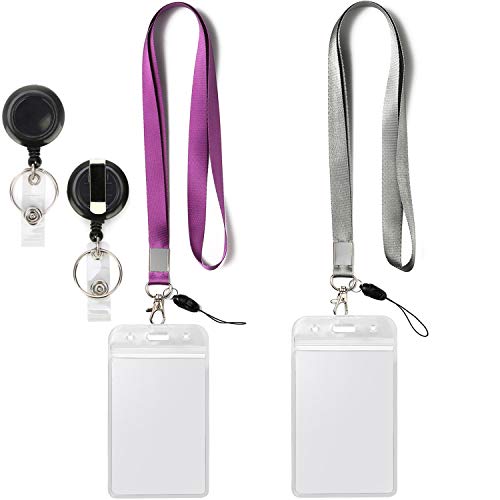 2Pack Lanyards with Vertical ID Badge Holders,Retractable Reel,Grey,Purple | Lightweight with Clips,for Office,Keys etc - color: Grey&purple&badge Reel-badge Holder Vertical
