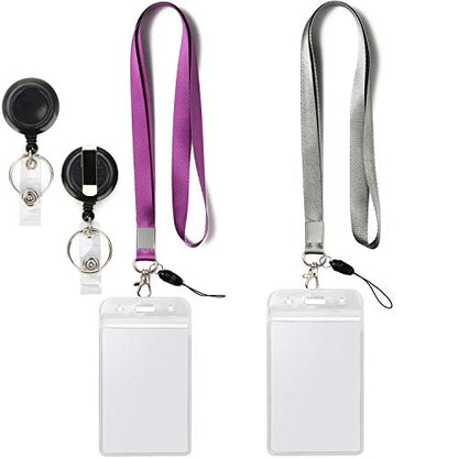 2Pack Lanyards with Vertical ID Badge Holders,Retractable Reel,Grey,Purple | Lightweight with Clips,for Office,Keys etc - color: Grey&purple&badge Reel-badge Holder Vertical