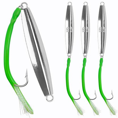 Saltwater Fishing Lures Diamond Jigs,3PCS Flat Metal Casting Jigging Spoon Baits with Teasers J Hooks for Surf Fishing Bluefish Striper Tuna Salmon Freshwater - color: Green, size: 8oz - 3pcs