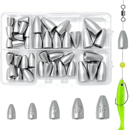 Fishing Weights Sinkers Kit Bullet Weights Bass Weights Worm Weights Slide Sinkers for Fishing Line Saltwater Freshwater - size: 43pcs