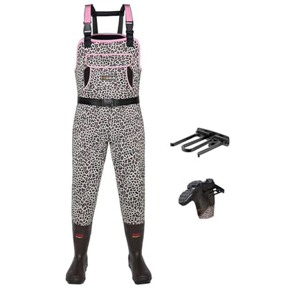 HISEA Women Waders Waterproof 400G Insulated Neoprene Chest Wader for Women - color: Pink Leopard, size: 9