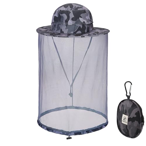 Flammi Mosquito Net Hat Safari Hat UPF 50+ Sun Protection Boonie Hats for Men with Neck Flap Fishing Hiking Hat for Men/Women - color: Camo-dark Grey