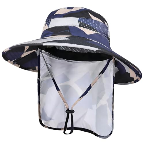 Sun Hats for Men Women, UPF50+ Protection Safari Hat,Wide Brim Fishing Hat with Neck Flap,Bucket Hats for Beach Hiking - color: Camobeige