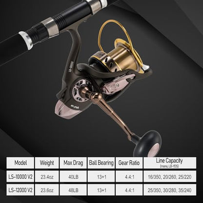 Dr.Fish Long Shot Spinning Reel, 10000/12000 Saltwater Surf Fishing Reel, 13+1 BBS, 48LB Max Drag, Ultra High Capacity, Heavy Duty Long Cast Offshore Trolling Surf Casting - color: LS-10000 V2