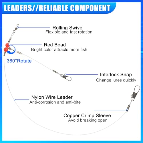 Fishing Leaders Saltwater Fishing Rigs Fishing Wire Leaders with Swivels Snaps High-Strength Fishing Leader Line Rig Bottom Rig Nylon Steel Sea Surf Fishing Rigs Tackle 1Arm 2Arms - color: White Nylon, style: 1 Arm, 12pcs