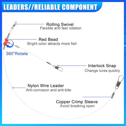 Fishing Leaders Saltwater Fishing Rigs Fishing Wire Leaders with Swivels Snaps High-Strength Fishing Leader Line Rig Bottom Rig Nylon Steel Sea Surf Fishing Rigs Tackle 1Arm 2Arms - color: White Nylon, style: 1 Arm, 12pcs