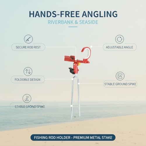 Fishing Rod Holder with Ground Spike, Foldable Metal Stake for Riverbank and Seaside Angling (1 PC) - color: Red