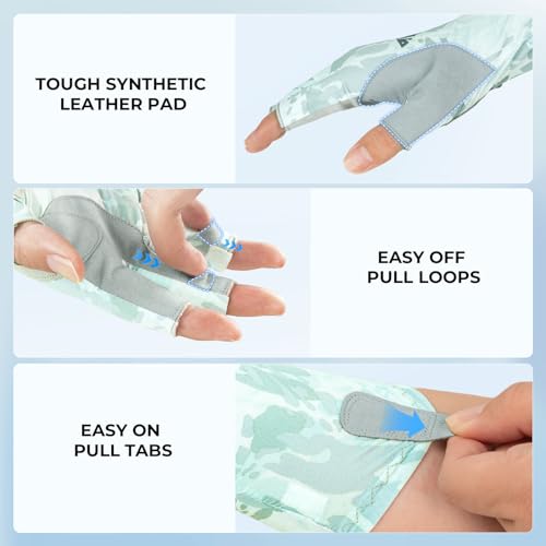 KastKing Agies Fishing Gloves Men, UPF 50+ Sun Gloves UV Protection, Cooling Quick-Dry 3/4 Fingerless Gloves with Extended Cuff, Microfiber Palm & Pull Tabs, for Fishing, Kayaking, Hiking, Hunting - color: X Camo-Pale Blue, size: Large-X-Large